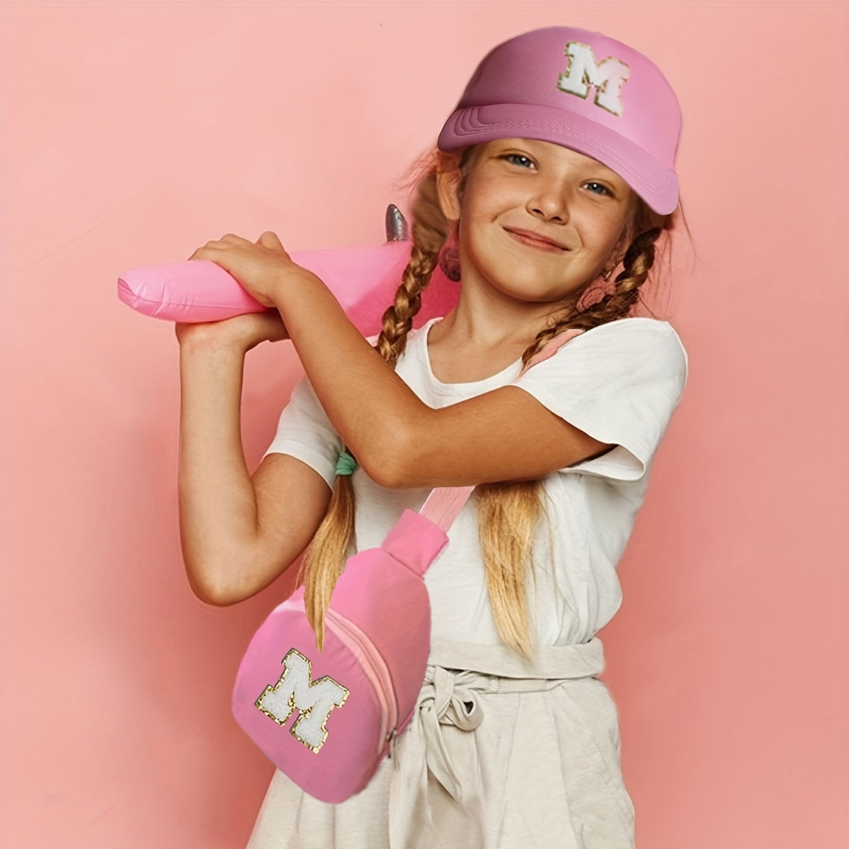 Alphabet-themed 2-piece set for girls includes a polyester baseball cap and bag, suitable for ages 3-14. Features a fitted, breathable design ideal for daily wear and special occasions