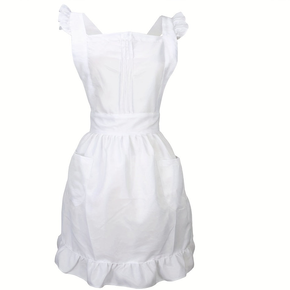 White vintage ruffle apron with pockets for women and girls, suitable for kitchen and cleaning tasks.