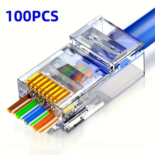 100-Pack RJ45 Pass-Through Ethernet Connectors for Cat6/Cat5 cables, gold-plated, unshielded, for solid/stranded UTP cables, non-charging RJ45 adapter.