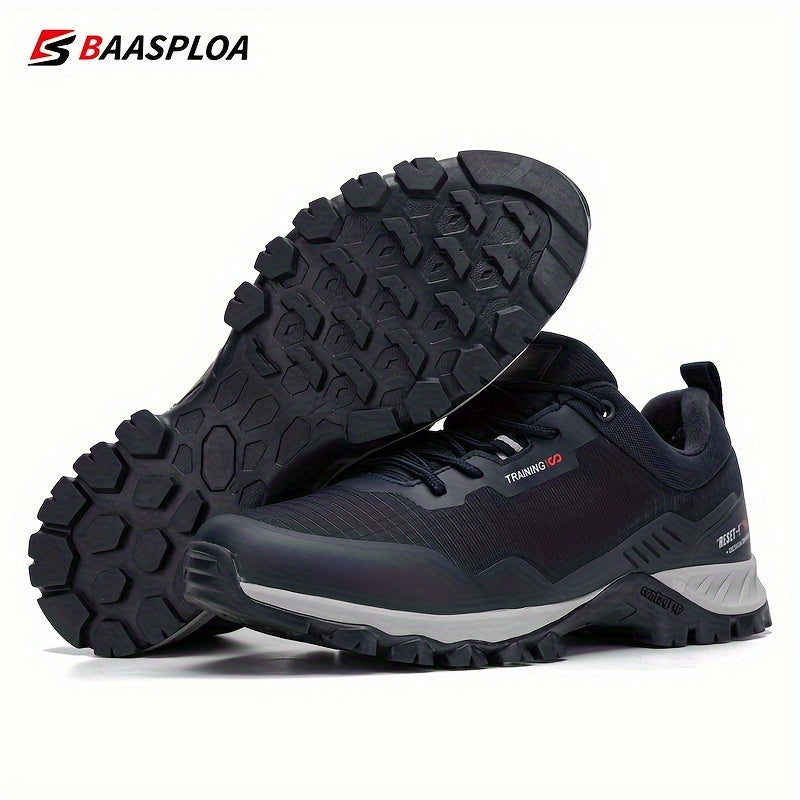 BAASPLOA Men's Low-Top Hiking Shoes in Black with Red Accents - Durable, Waterproof, Anti-Slip, Comfortable PU Insole