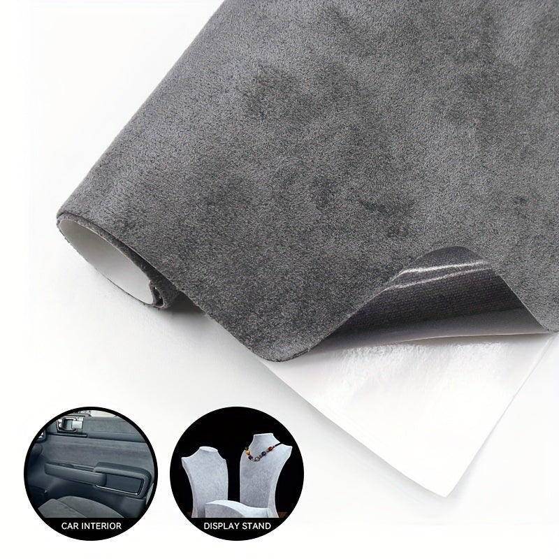 Soft gray suede material in a large self-adhesive velvet fabric sheet, perfect for car interior makeovers and DIY craft projects. Luxurious texture with a plush surface, ideal for