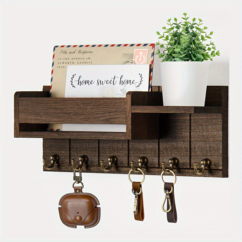 Wooden wall mount key holder with mail organizer and tray, easy to install, farmhouse decor for various rooms, includes wall hooks for keys and accessories.