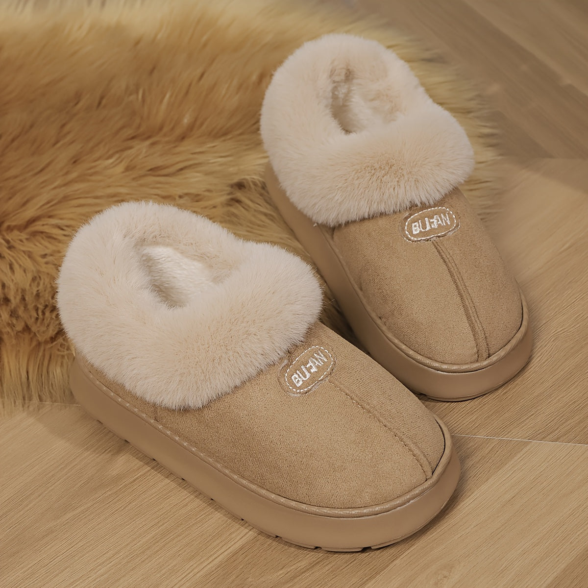 Women's preppy solid color slip on furry slippers with soft warm fleece, round toe, EVA sole, fabric upper and inner material, all-season casual wear.