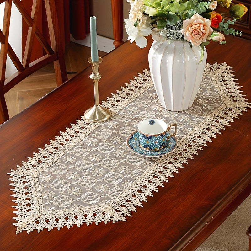 Polyester table runner with white embroidery flowers and lace edge, perfect for room or dining table decor.