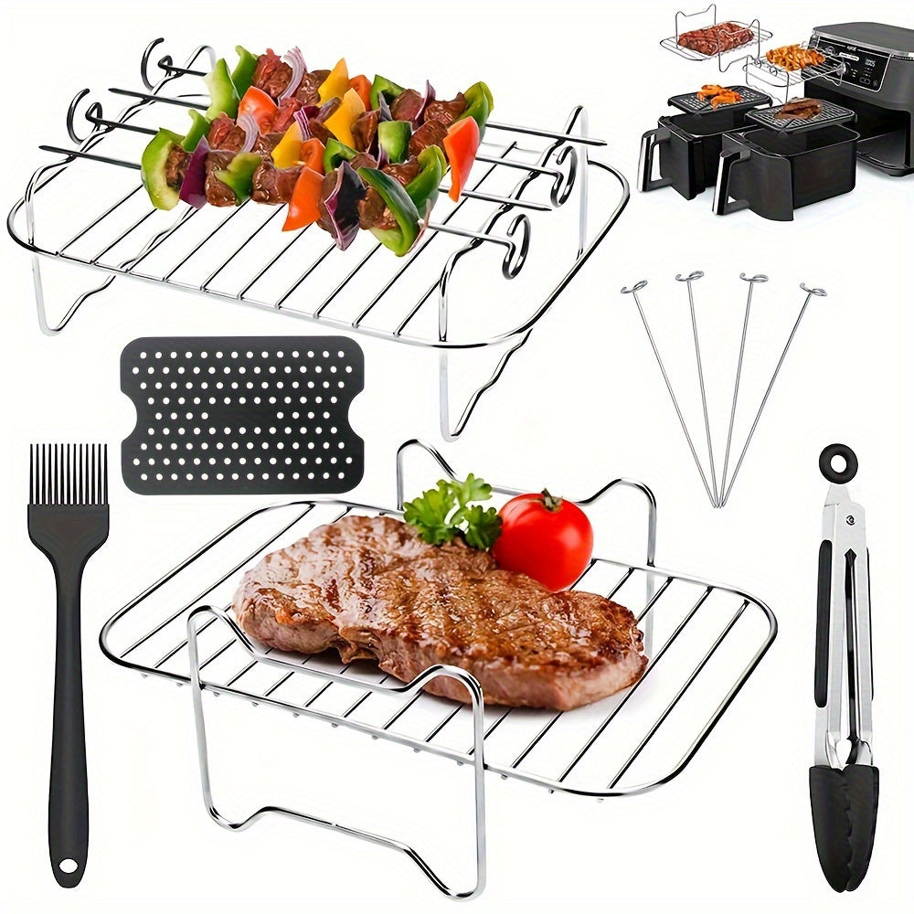 This set includes 9 pieces and is designed for use with air fryers such as the Ninja Dual AF300Uk, Instant Vortex Plus, Salter EK5196GW, Ultenic K20, and other 7.6L rectangular air fryers. The accessories in this set include 2 grill racks, 4 skewers, 1