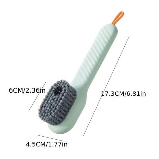 Two-pack of versatile shoe brushes with built-in liquid dispenser, featuring a long handle and soft bristles. These home cleaning tools are made of plastic and require no electricity, making them ideal for use in the living room, bedroom, bathroom