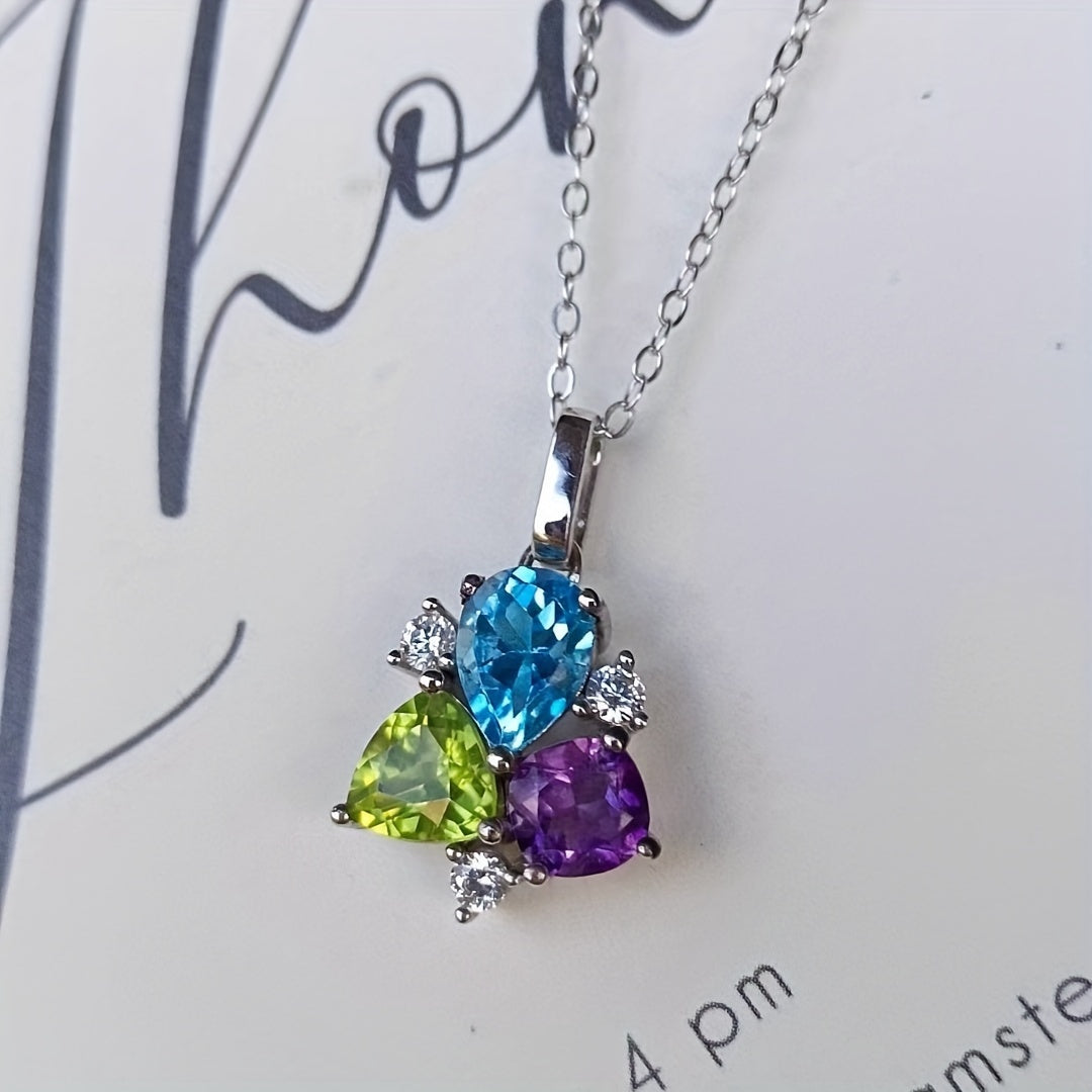 Handcrafted Tri-Color Gemstone Necklace featuring Topaz, Peridot, and Amethyst - 925 Sterling Silver, Birthstone Jewelry for November, No Plating, Ideal for Valentine's Day Gifts and Special Occasions, Suitable for All Seasons.