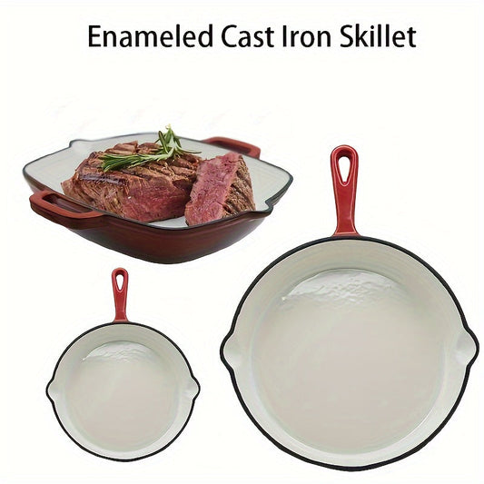 Set of two enameled cast iron skillets, one 25.4cm and one 20.32cm, perfect for a variety of cooking tasks. Dishwasher safe and compatible with all stovetops up to 500°F, great for making pasta sauce and more.