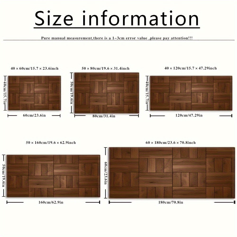 Brown wood grain entrance mat with absorbent long strip design for kitchen, bathroom, home, and toilet. Non-slip foot mat suitable for bedroom, sofa, and carpet.