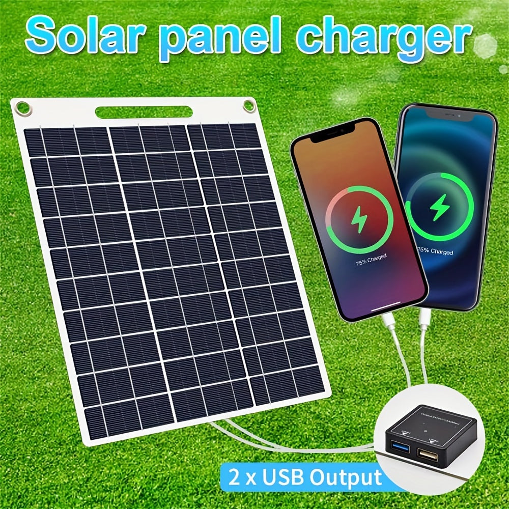 Compact dual USB solar charger, perfect for camping and home use.