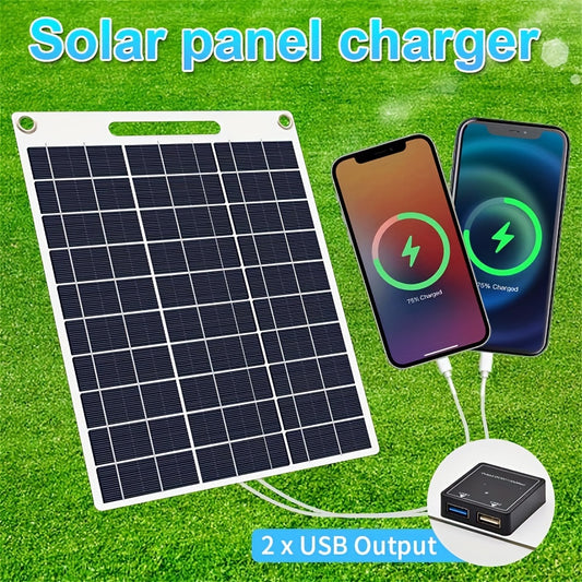 Compact dual USB solar charger, perfect for camping and home use.