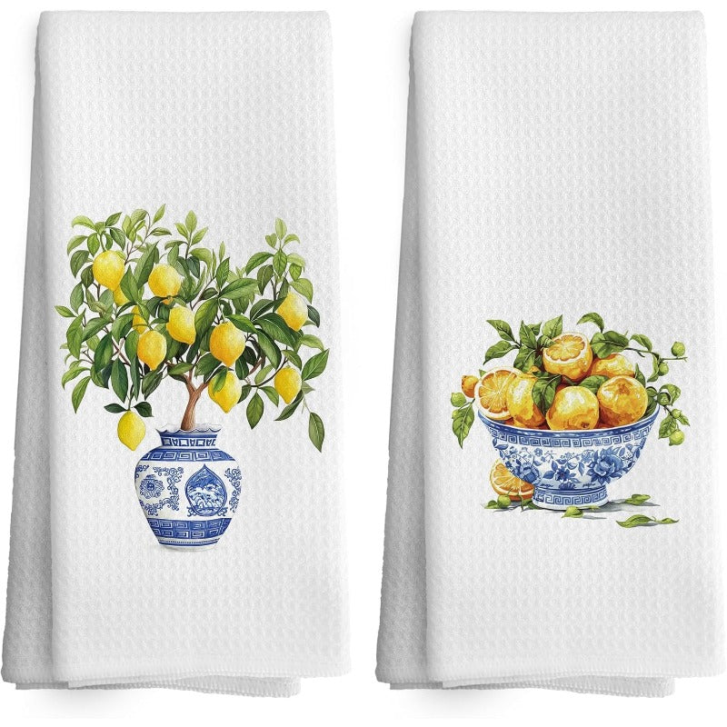 Modern Cartoon Lemon and Blue & White Vase Kitchen Towels, Set of 2 - Super Soft Polyester Dish Cloths, Machine Washable Tea Towels for Kitchen and Bar Cart Decor, Woven Square Design