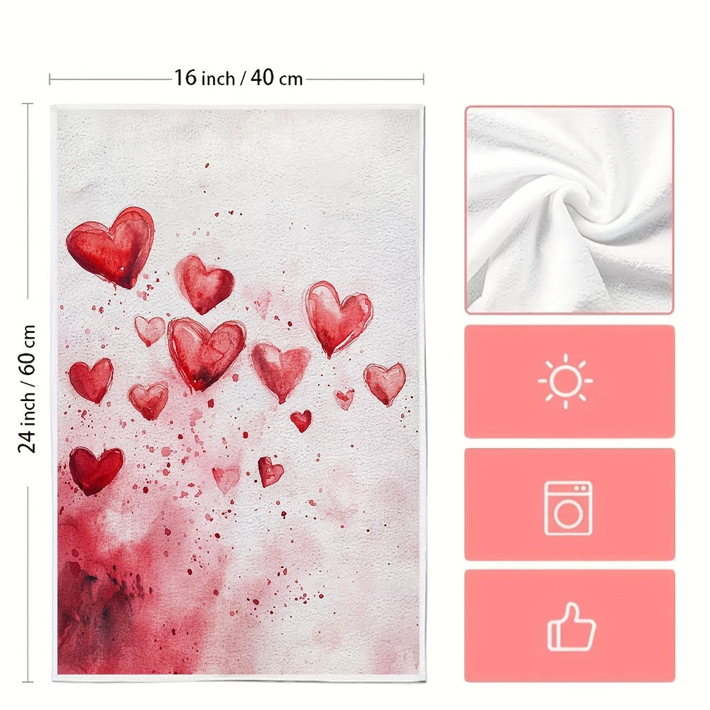 Set of 2 Valentine's Day Kitchen Towels, featuring 'Love At First Swipe' Hearts design. These Ultra Soft and Highly Absorbent Dish Hand Towels are perfect for holiday decor. Machine washable, each towel measures 16x24 inches. Item number: 2KYSYS1217559