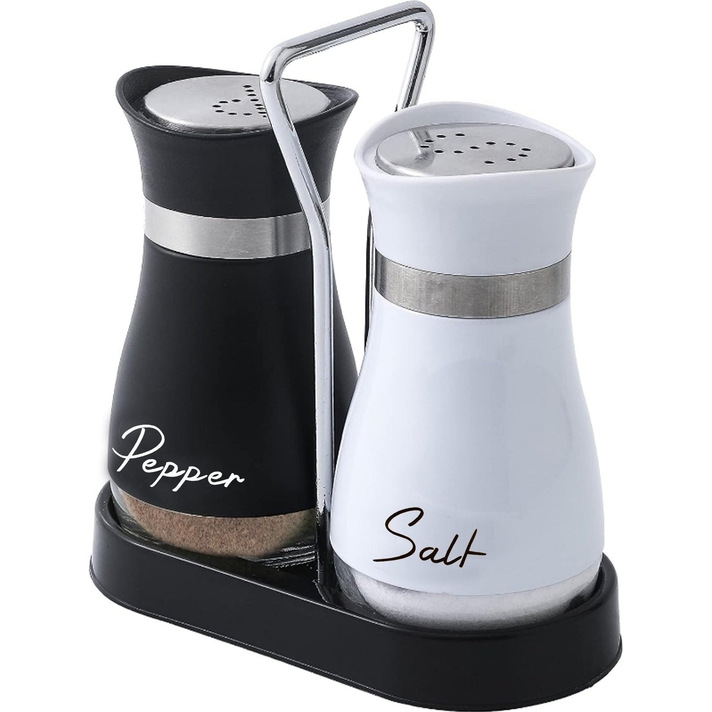 Set of 2 Glass Salt and Pepper Shakers with Holder - 4 oz Refillable Stainless Steel Lidded Spice Dispensers, Perfect for Kitchen, Home, RV, Camping, BBQ - Patterned Shaker Pots for Farmhouse Decor, Wedding Gift