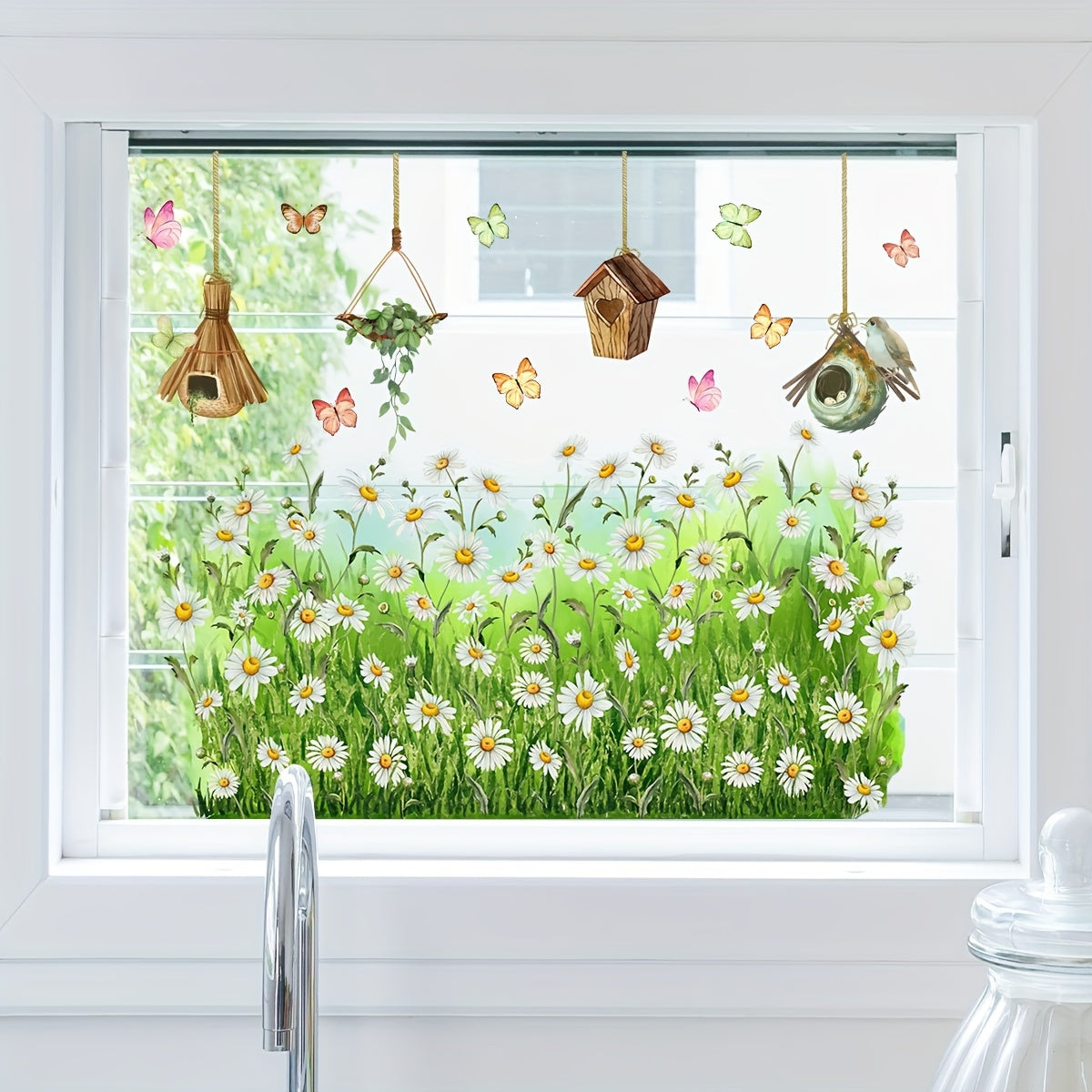 Decorate your living room, bedroom, or home with our charming Daisy & Butterfly Window Clings. These reusable electrostatic decals are perfect for adding a touch of whimsy to your decor. Pair them with our birdcage and glass accessories for a complete