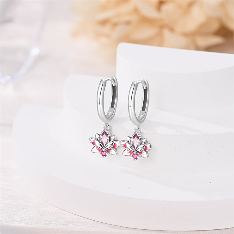 Sterling Silver Lotus Flower Hoop Earrings with Synthetic Zirconia, Boho Elegant Style, Silver Plated, Lightweight, Perfect for Parties and Vacations, Ideal for Spring Festivals, Versatile All-Season Jewelry