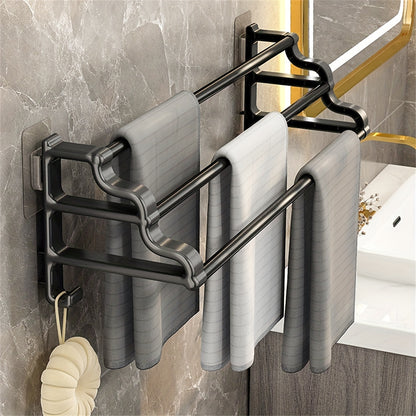 Stylish, durable wall-mounted towel rack with three rods, punch-free installation and easy maintenance, ideal for bathroom storage.