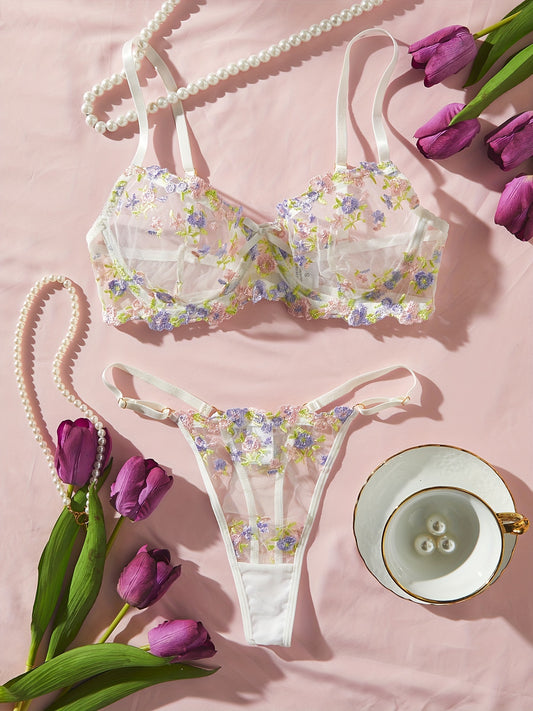 Floral Mesh Lingerie Set - Bra and Thong, Women's Sexy Underwear