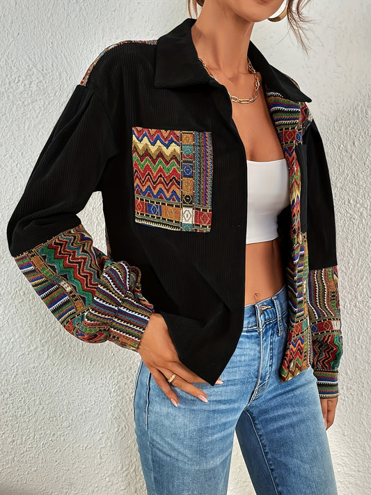 Women's Corduroy Jacket with Printed Shoulders, Elegant Collar, Color Block Pattern, Button Detail, Polyester, Spring/Autumn Casual Outerwear