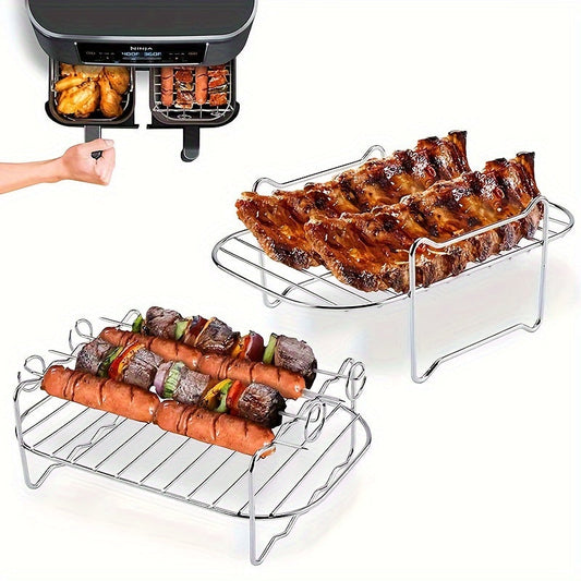 Dual Layer Skewer Stand Stainless Steel Accessory Set for Air Fryer, Perfect for Grilling and Baking with 4 Kabob Skewers. Versatile Cooking Rack for Fish, Meat, and Cake - Compatible with Air Fryers.