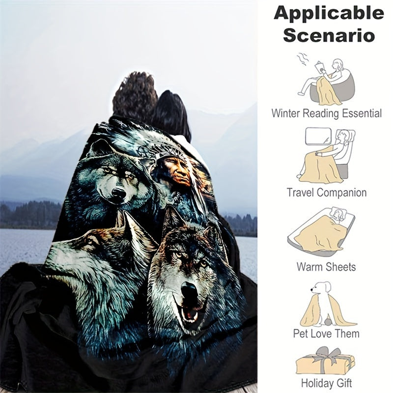 1 piece of retro Indian and wolf pattern printed blankets, with flange detail and made from soft, warm fabric perfect for using on sofas, in offices, or on beds while camping. These blankets are versatile and can be used as NAP blankets, making them a