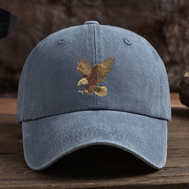 Men's adjustable dark blue baseball cap with eagle print. Made of machine washable polyester for sun protection and durability.