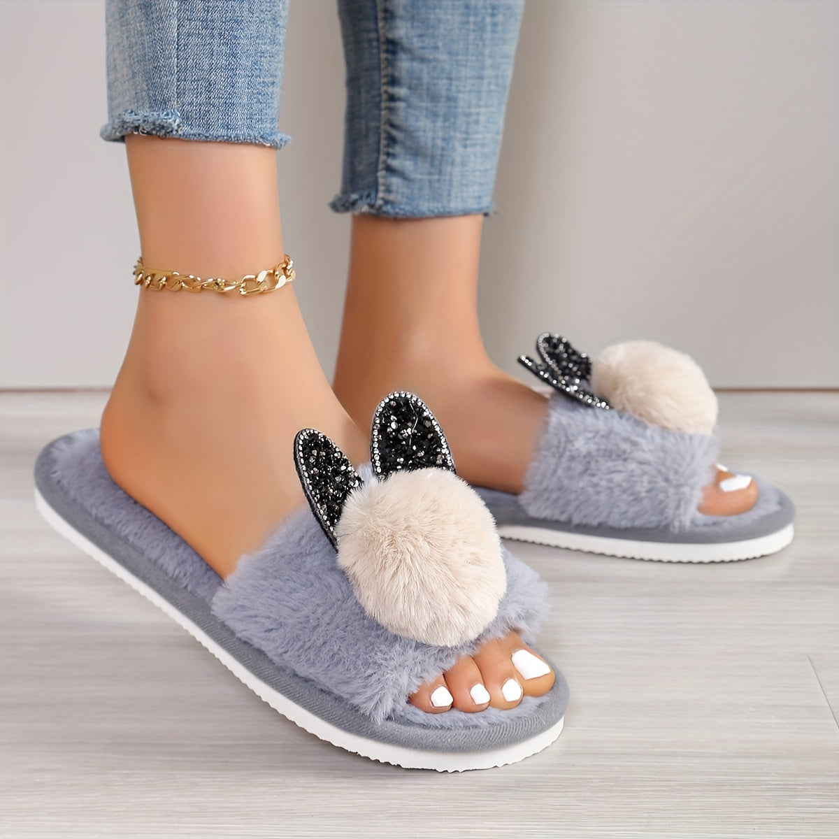 Women's Bunny Ears Glitter Slippers - All-Season Indoor House Shoes with Plush Furry Lining, EVA Sole, Soft Fabric Upper for Cozy Comfort