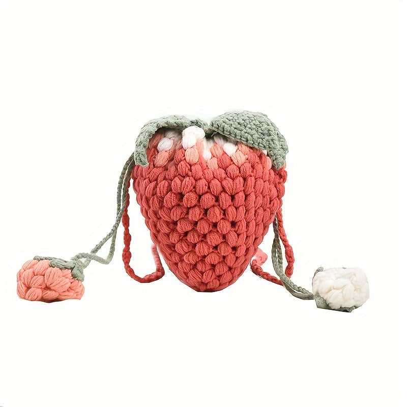 Handmade Strawberries Shoulder Bag, Fashionable Single Strap Bag with Braided Yarn Detail, Trendy and Creative Design in Yellow Yunying Special Collection, Cute and Stylish Women's Bag with Hooked Yarn Strawberries, No Lining, Finished and Ready to Carry.