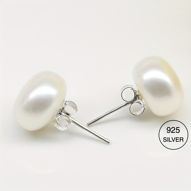 S925 Silver Stud Earrings with Natural Freshwater Pearls - Elegant and Versatile Flat Round Pearl Studs for Daily Wear or Special Occasions