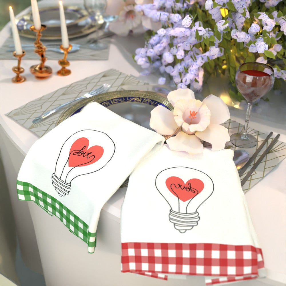 Valentine's Day Heart Bulb Design Kitchen Towels - Set of 2 | 45.72x66.04cm | Super Absorbent & Quick-Dry | Soft Polyester | Ideal for Kitchen, Bathroom & More | Great Gift | Decorative Towels | Machine Washable | Dish Towels