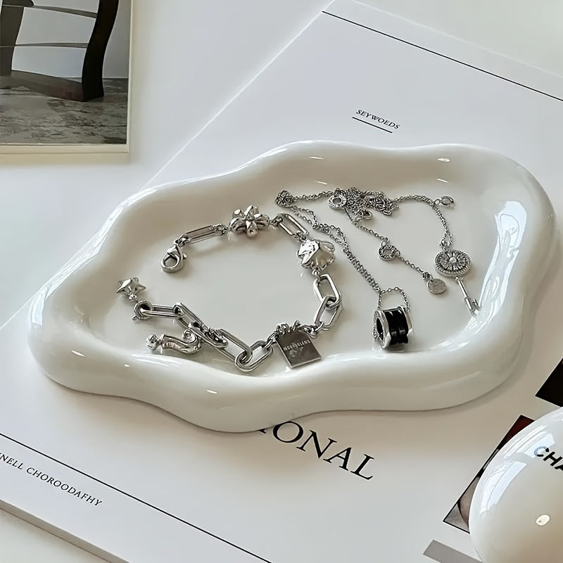 Chic White Ceramic Tray with Gold Accents - Stunning Jewelry & Perfume Display, Perfect for Home, Office, or Mother's Day Gift