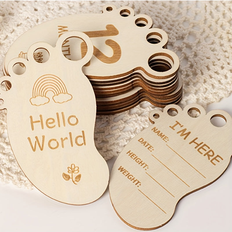 Set of 14 Wooden Footprint Milestone Cards for Monthly Photography Props, Full Moon Sign, Birth Board, and First Year Growth. Also includes Pregnancy Journey Milestone Cards, perfect for Youngsters's Gift Parties and holiday celebrations such as