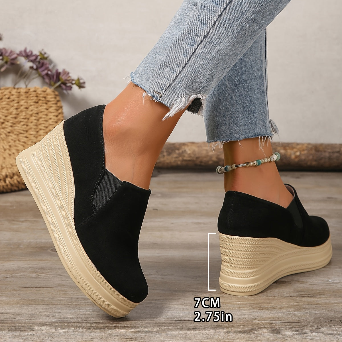 Women's platform wedge sneakers with high heels and slip-on design, featuring faux sole and fabric insole for all-season comfort.