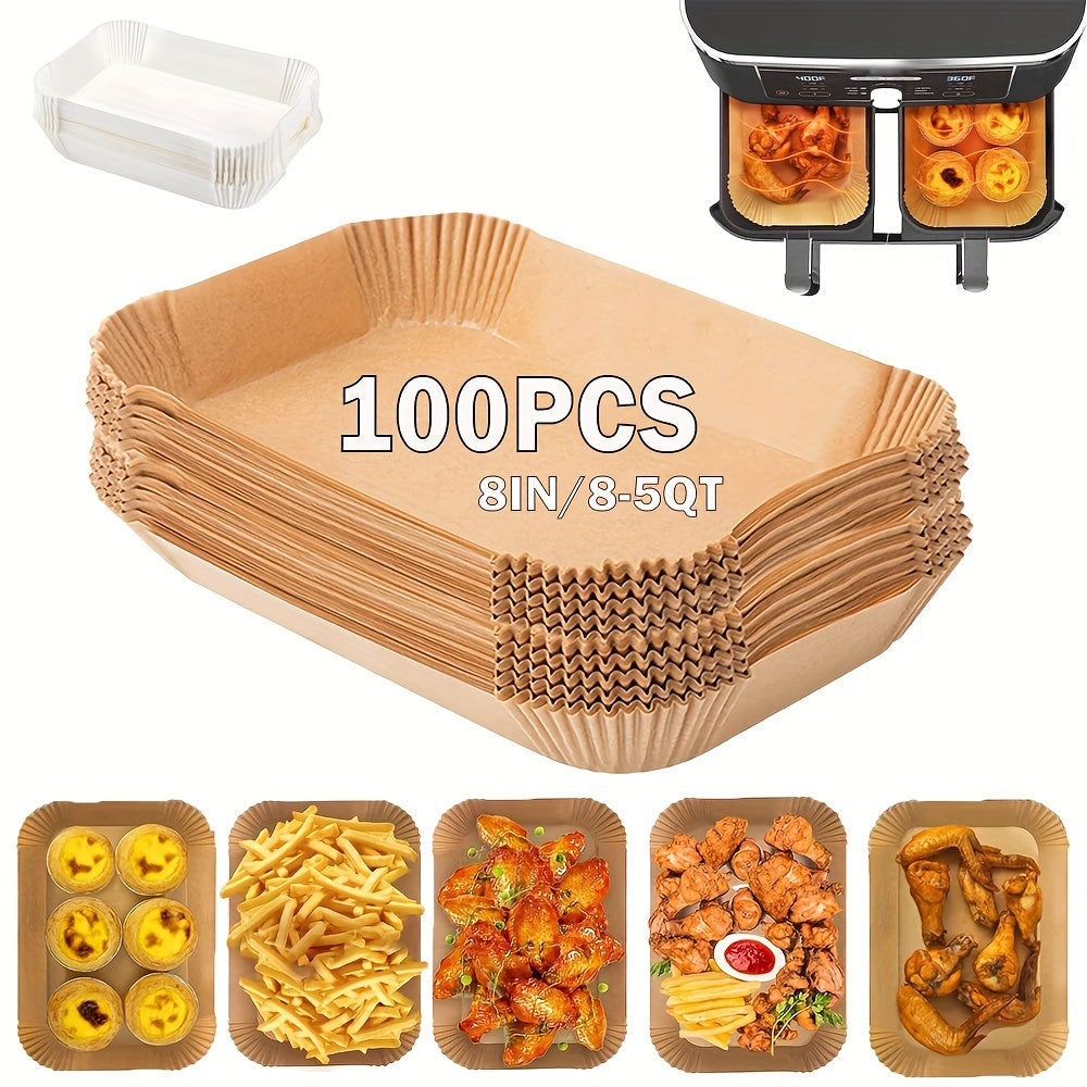 100/200 pieces of high-quality Non-Stick Air Fryer Liners made to withstand high temperatures, resist oil and water, and fit perfectly in dual basket air fryers. These easy-to-clean, food-grade liners are durable and reusable, making them ideal for home