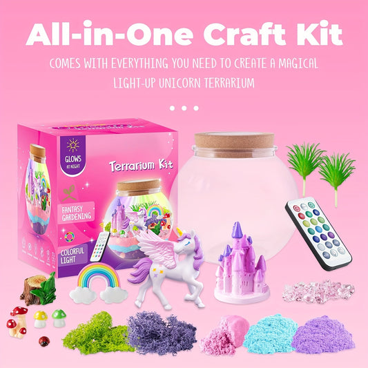 Unicorn Fantasy Castle LED Light-Up Terrarium Kit for Girls aged 4-12 - Pink Plastic DIY Craft Set with Colorful Sand, Decorations, Remote Control.