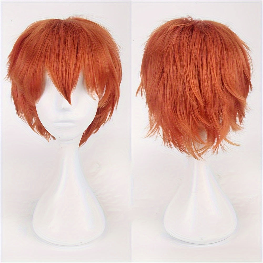 Vibrant Cosplay Wigs Available for Men and Women, Featuring Short, Straight Styles in Orange, Blue, White, Black, and Multicolored Varieties.