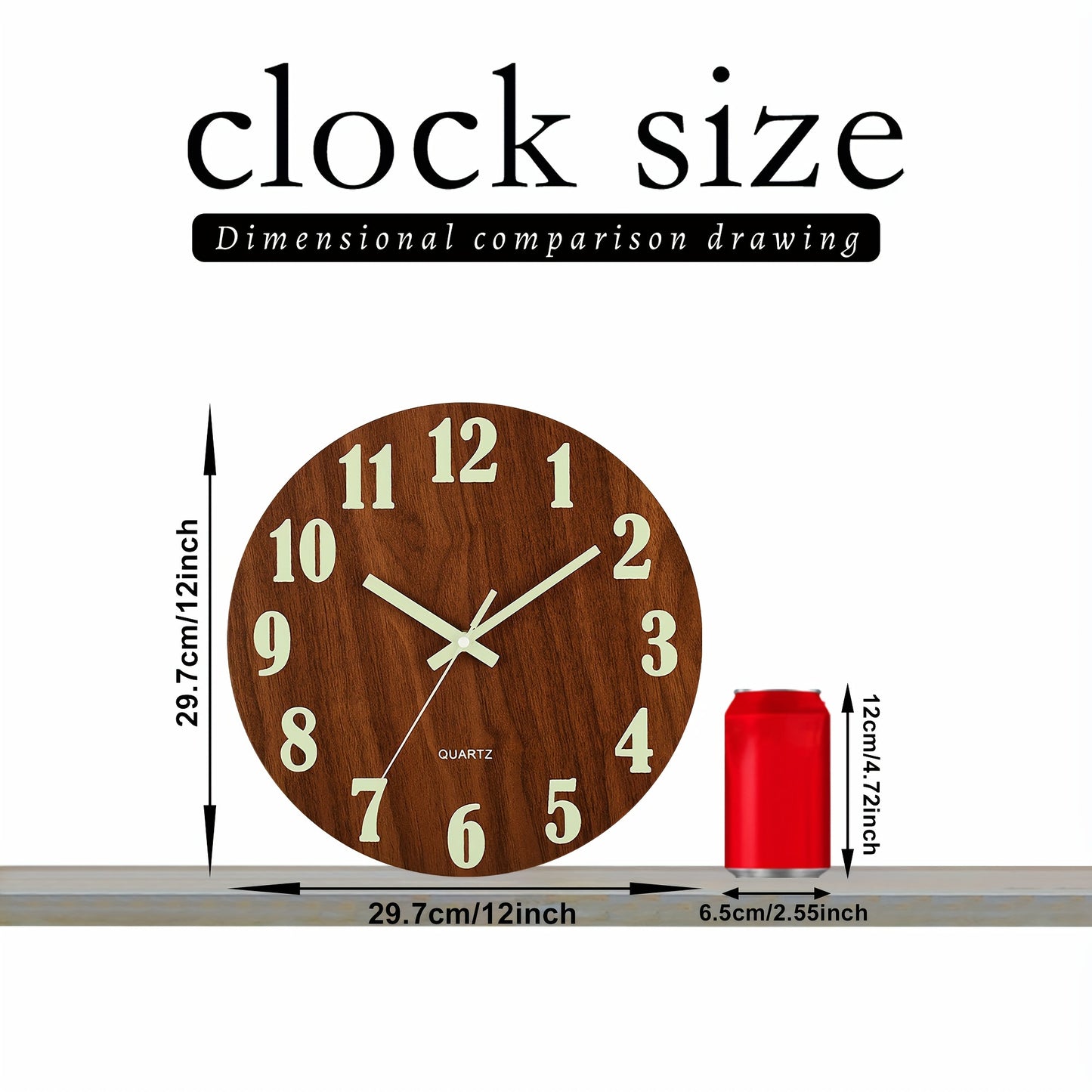 Rustic Tuscan wooden wall clock with glow-in-the-dark feature, 30.48cm in size. Non-ticking, Japanese quartz movement, ideal for living room and bedroom decor. Battery operated (AA not included).