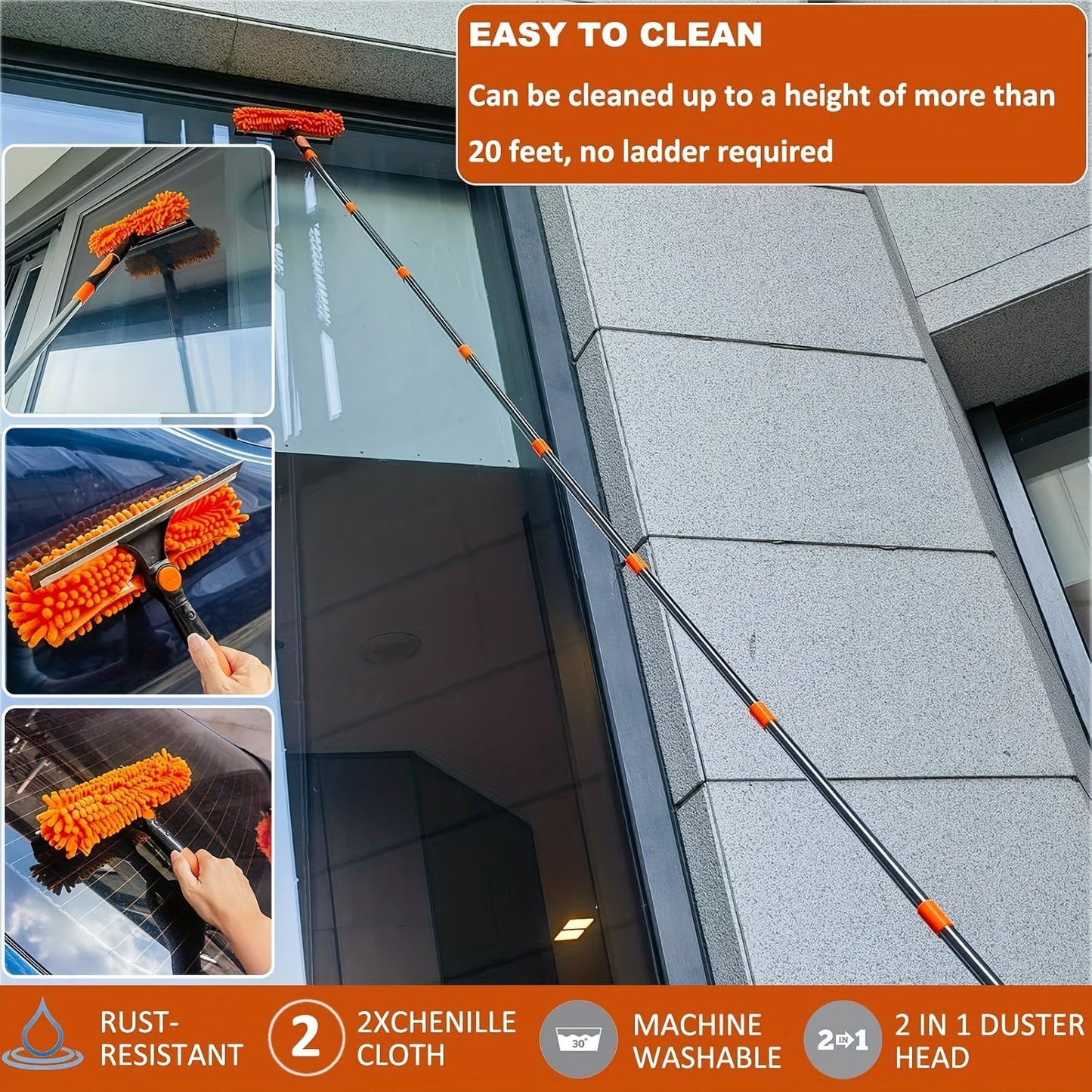 Introducing the FACOOW Telescopic Duster Kit, reaching up to 20 feet with its 91.44-426.72cm extension pole. This kit features a stainless steel handle and requires no electricity, making it perfect for high ceiling dusting, window cleaning, and more.