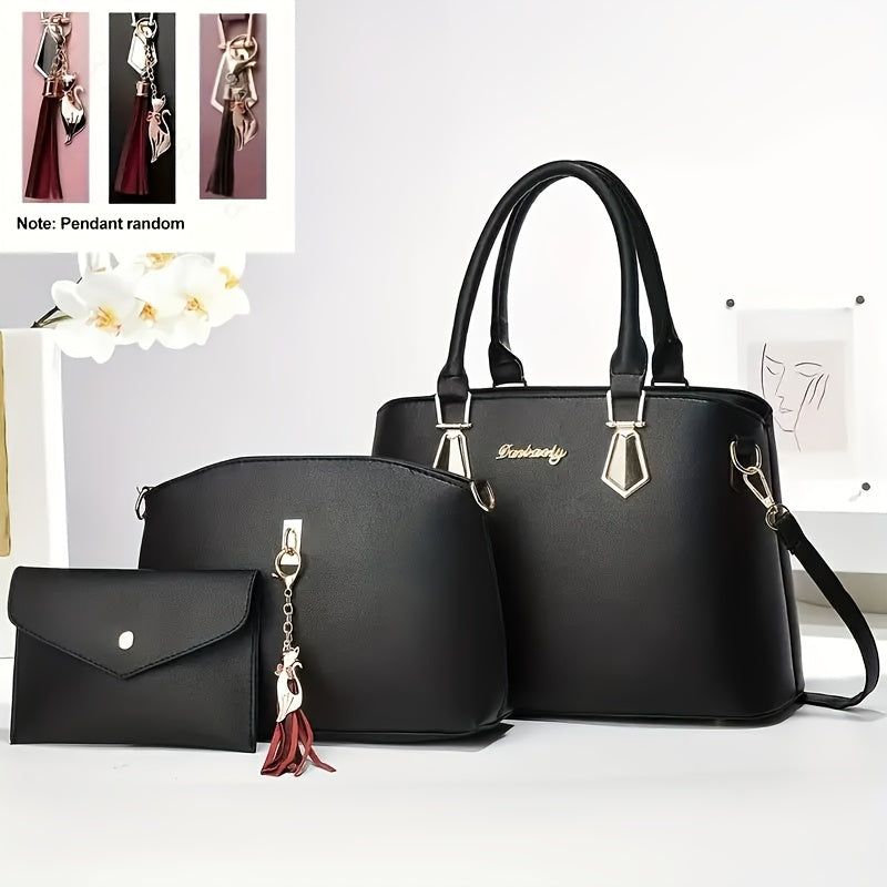 Women's elegant 3-piece handbag set with flowing tassel shoulder bag, crossbody bag, and stylish PU leather tote and sling bag. Ideal gift for festivals and work.