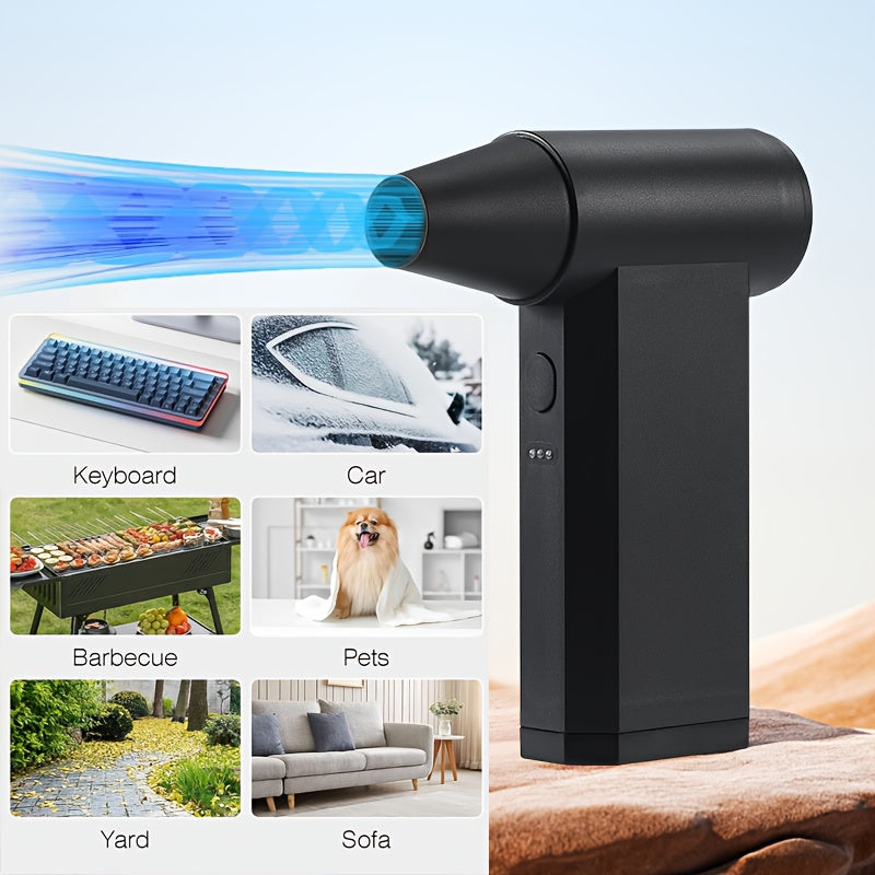 Portable high-speed handheld fan with rechargeable lithium battery for various uses such as keyboard, car, barbecue, pets, yard, and sofa. Features no brush motor, can be used as an outdoor