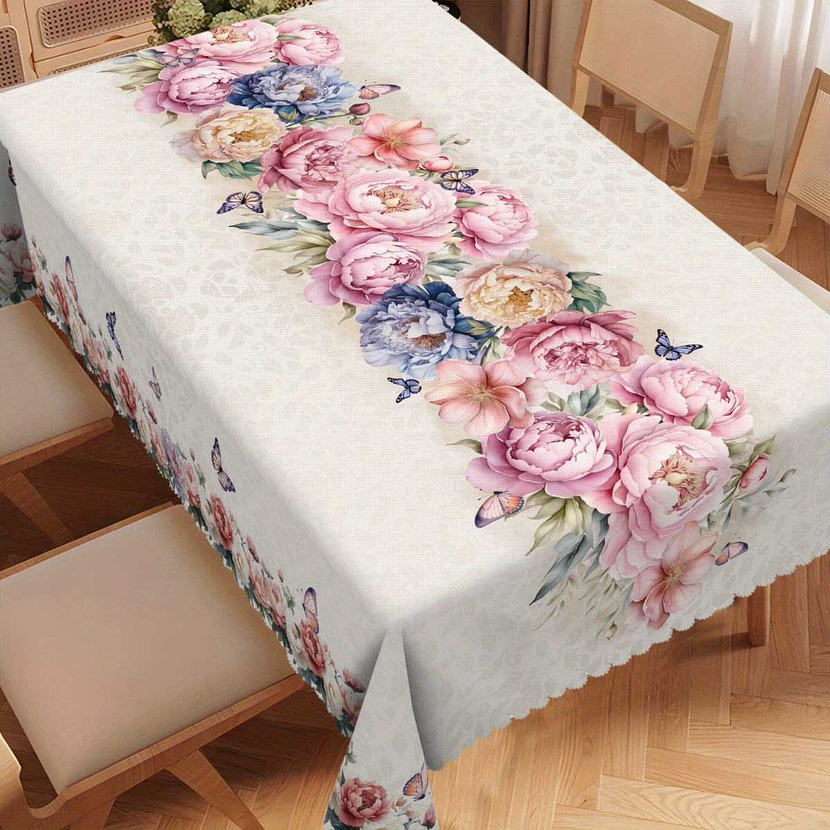 Rectangular polyester tablecloth with spring floral peony and butterfly rose design, machine-woven for indoor/outdoor parties and home decor. Perfect Easter spring decor gift.