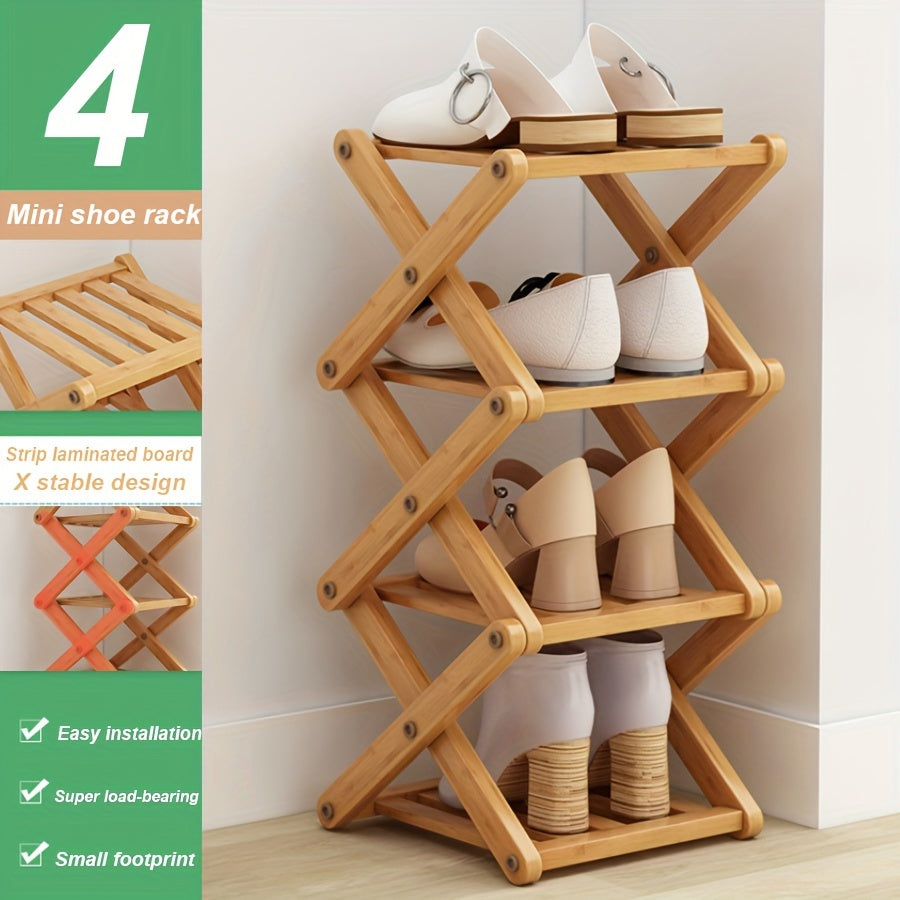 Bamboo Shoe Rack with Cross Design, Multi-layer Storage for Indoor Spaces such as Bedrooms, Dormitories, and Houses. Ideal for entryways to save space with its compact size.