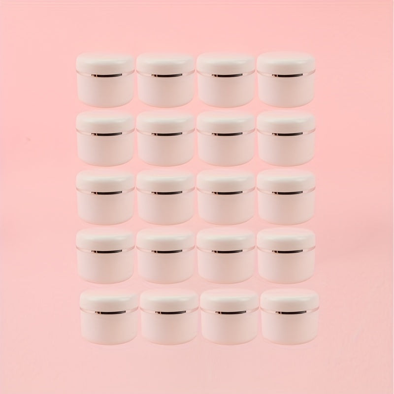 20pcs of 20ml white plastic cream jars are refillable sample bottles for cosmetics, makeup, and skincare, ideal for travel and storage.