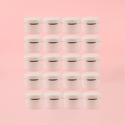 20pcs of 20ml white plastic cream jars are refillable sample bottles for cosmetics, makeup, and skincare, ideal for travel and storage.