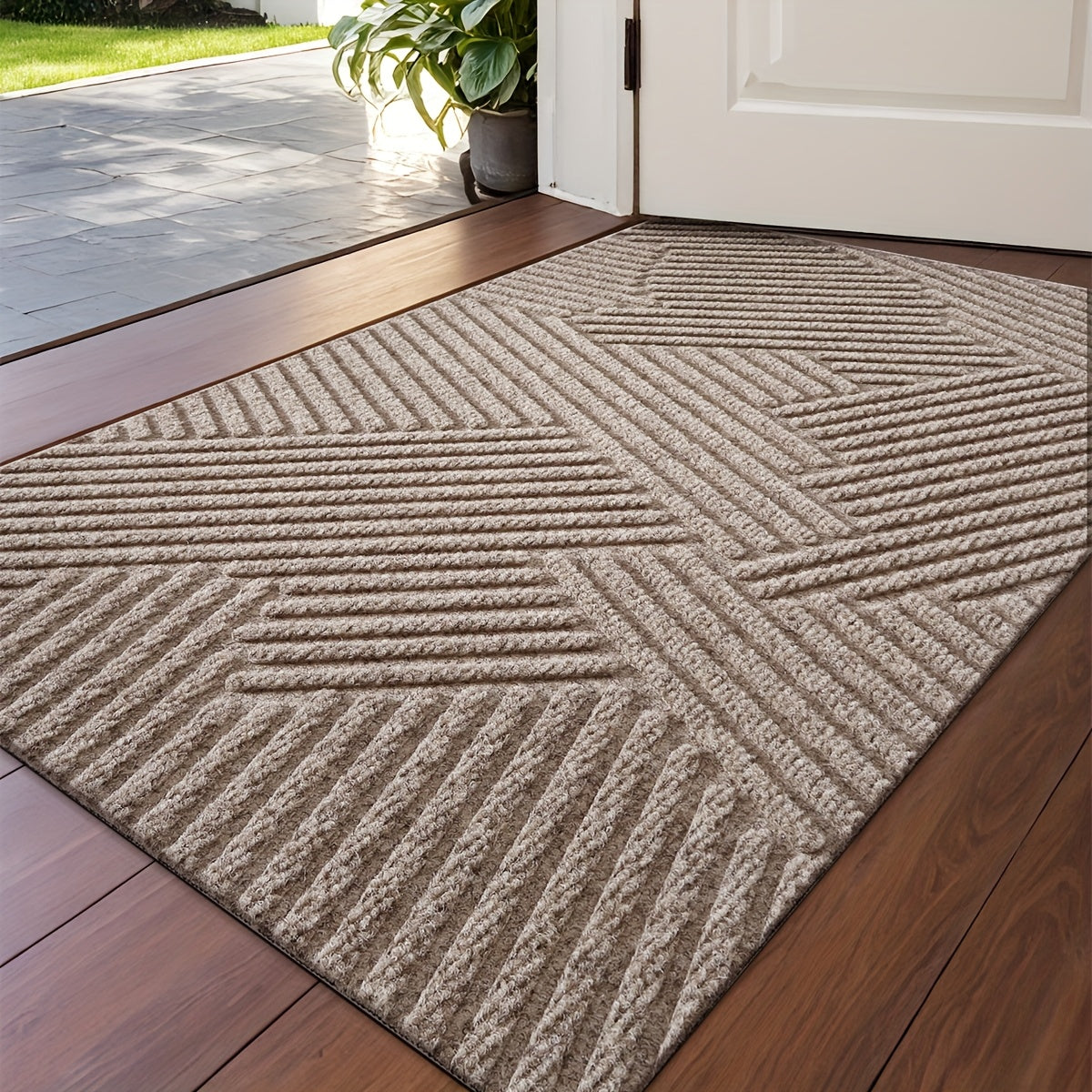 DJIANG Geometric Striped Door Mat, Non-Slip, Absorbent, Washable Rug for Indoor and Patio. Stain Resistant Polyester, Hand Wash Only.