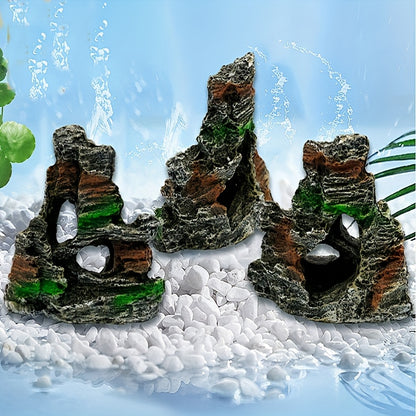 1 piece Resin Rockery Aquarium Ornament with lifelike moss-covered faux mountain and cascading waterfall, perfect for fish tank landscaping and decoration. peaceful and textured finish.