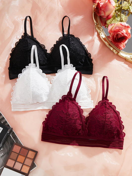 3-piece simple lace bra set with comfortable triangle cups for women