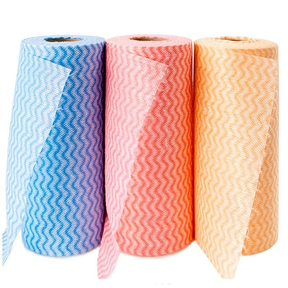 1 roll containing 50pcs of oil-free washable non-woven cloth, disposable dish towels. These versatile towels are perfect for use in the kitchen, living room, bathroom, toilet, and more. Perfect for those looking for a convenient cleaning solution.