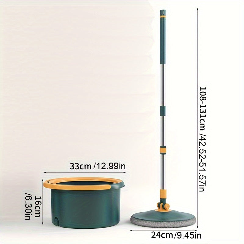 Hands-free rotating mop set with bucket, featuring easy wringing and sewage separation, ideal for cleaning living rooms, bathrooms, toilets, kitchens, and floors.