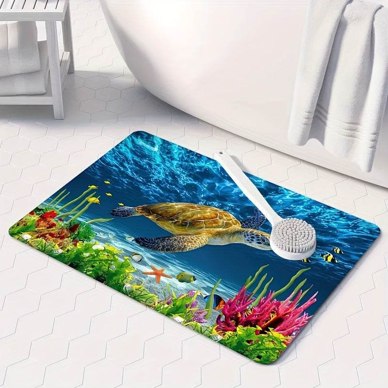 Soft Non-Slip Bath Rug featuring a Sea Turtle Pattern, Absorbent Carpet for Home Living Room Bathroom. Funny and Stylish Home Decor Accessory.